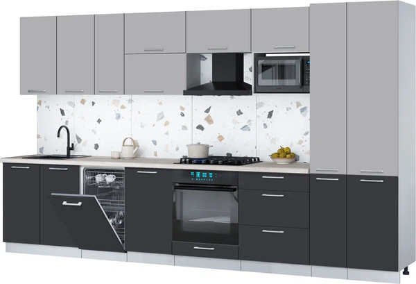 Изображение товара Кухонный гарнитур Интерлиния Мила Gloss 3.6-ПМ4 (пепел/грей/травертин серый)