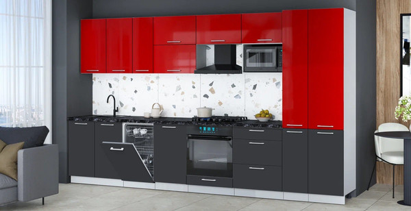 Изображение товара Кухонный гарнитур Интерлиния Мила Gloss 3.6-ПМ4 (пепел/красный глянец/кастилло темный)