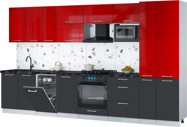 Изображение товара Кухонный гарнитур Интерлиния Мила Gloss 3.6-ПМ4 (пепел/красный глянец/кастилло темный)
