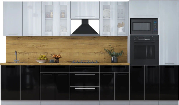 Изображение товара Кухонный гарнитур Интерлиния Мила Пластик 3.6 (туманный глянец/черный глянец/дуб бунратти)