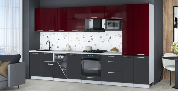 Изображение товара Кухонный гарнитур Интерлиния Мила Gloss 3.6-ПМ4 (пепел/бордовый глянец/серый каспий)