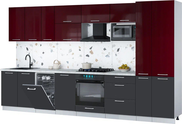 Изображение товара Кухонный гарнитур Интерлиния Мила Gloss 3.6-ПМ4 (пепел/бордовый глянец/серый каспий)