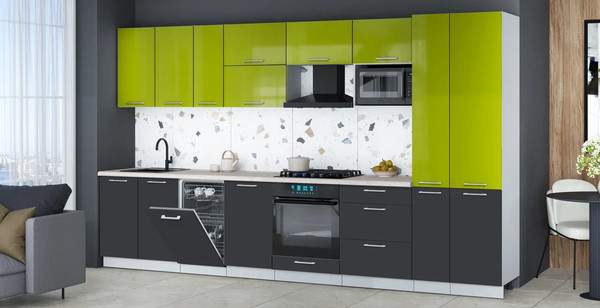 Изображение товара Кухонный гарнитур Интерлиния Мила Gloss 3.6-ПМ4 (пепел/яблоко глянец/травертин серый)