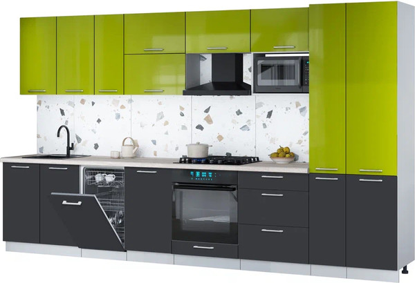 Изображение товара Кухонный гарнитур Интерлиния Мила Gloss 3.6-ПМ4 (пепел/яблоко глянец/травертин серый)