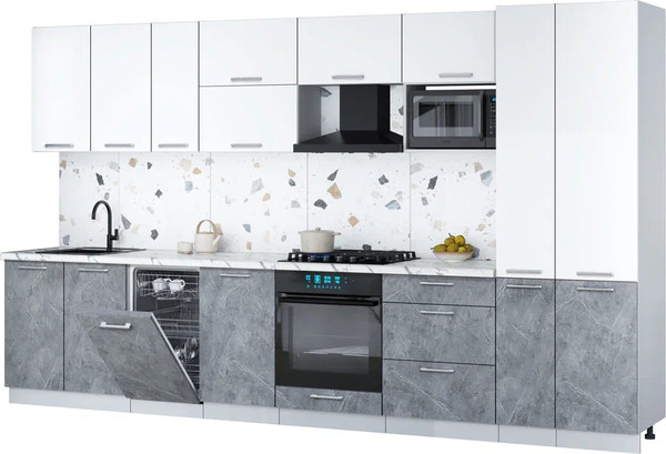 Изображение товара Кухонный гарнитур Интерлиния Мила Gloss 3.6-ПМ4 (керамика/белый/белый гранит)