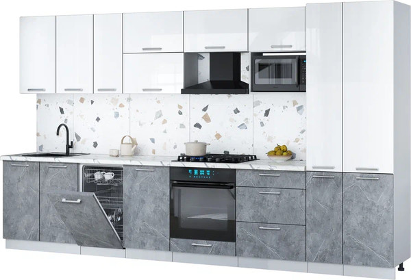 Изображение товара Кухонный гарнитур Интерлиния Мила Gloss 3.6-ПМ4 (керамика/белый глянец/белый гранит)