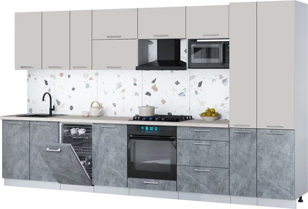 Изображение товара Кухонный гарнитур Интерлиния Мила Gloss 3.6-ПМ4 (керамика/кашемир/травертин серый)