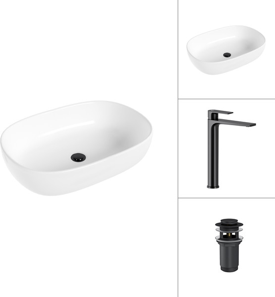 Изображение товара Умывальник со смесителем Lauter 21836 + Reef 21CK8678BS с донным клапаном 21190B (черный матовый)