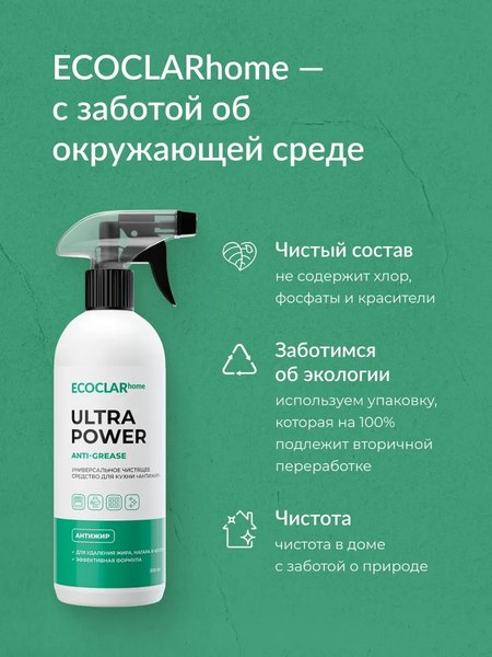 Изображение товара Чистящее средство для кухни ECOCLARhome Антижир (500мл)