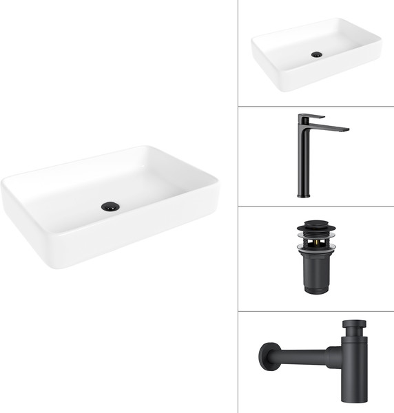 Изображение товара Умывальник со смесителем Lauter 21842 + Reef 21CK8678BS + сифон 21635B + дон.клапан 21190B (черный матовый)