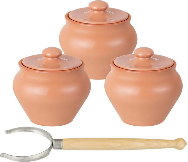 Изображение товара Набор горшочков для запекания Elan Gallery TerraCotta с ухватом / 570192 (3шт, бежевый)
