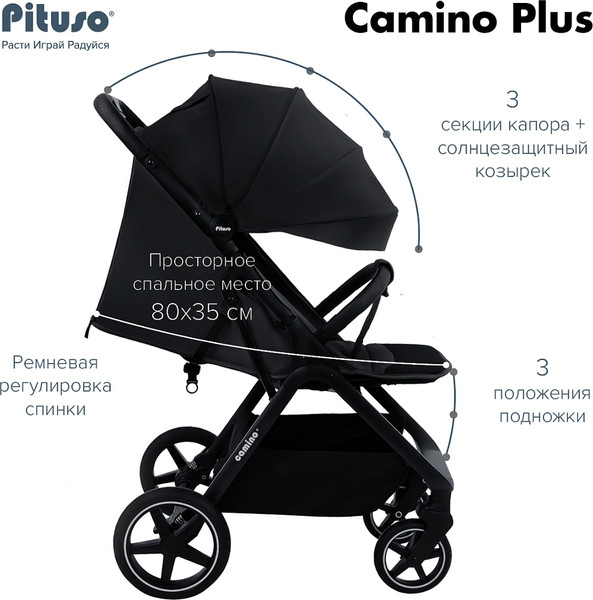 Изображение товара Детская прогулочная коляска Pituso Camino + чехол на ножки / Q-5 (черный)