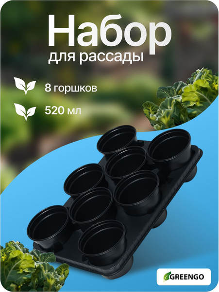 Изображение товара Набор горшков для рассады GREENGO 40x20см (8шт, черный)