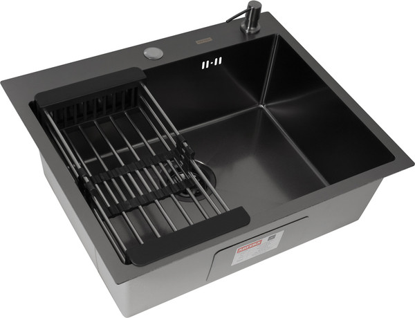 Изображение товара Мойка кухонная Arfeka ECO AR 60x50+CL AR G+DS AR Decor Volcanic (черный, с дозатором и коландером)