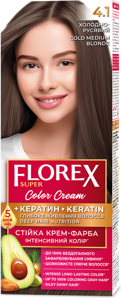 Изображение товара Крем-краска для волос Florex Super Кератин тон 4.1 холодно-русый