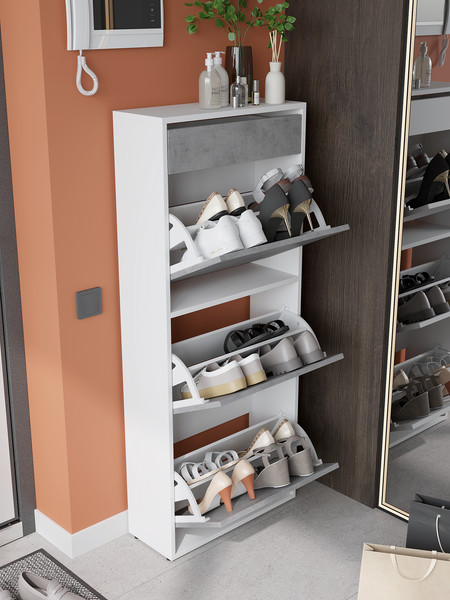 Изображение товара Тумба для обуви Горизонт Мебель Трио с ящиком (белый/бетон)