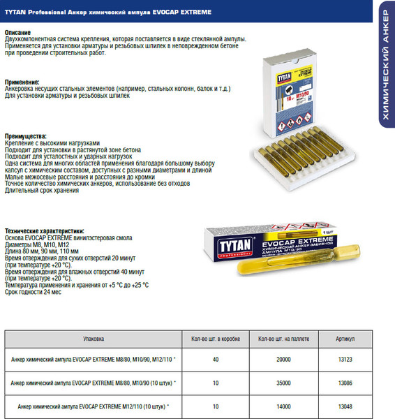 Изображение товара Химический анкер Tytan Professional М8/80 / 13123 (ампула)