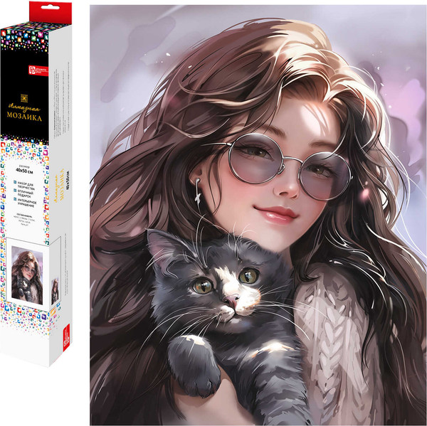 Изображение товара Набор алмазной вышивки Феникс+ Брюнетка с котом / 70823