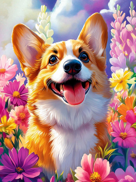 Изображение товара Набор алмазной вышивки Феникс+ Корги в цветах / 70853