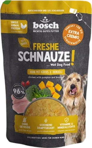 Изображение товара Влажный корм для собак Bosch Petfood Freshe Schnauze курица с тыквой и брокколи (250г)
