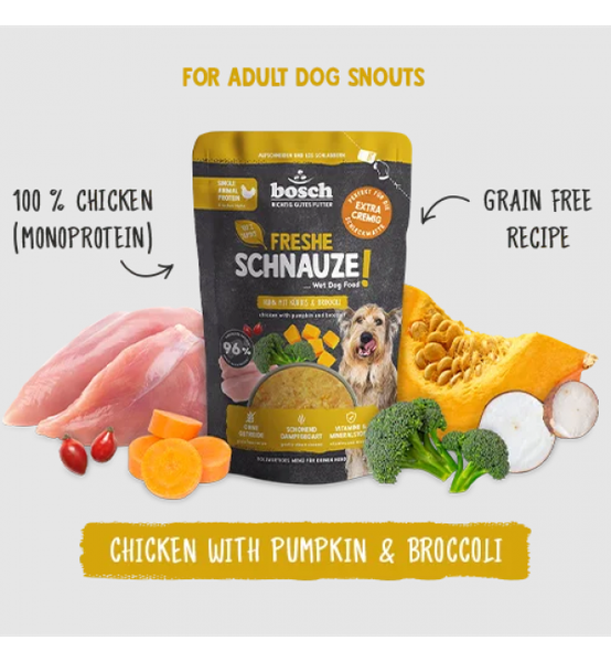 Изображение товара Влажный корм для собак Bosch Petfood Freshe Schnauze курица с тыквой и брокколи (250г)