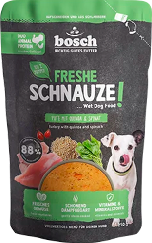 Изображение товара Влажный корм для собак Bosch Petfood Freshe Schnauze индейка с киноа и шпинатом (250г)
