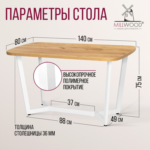 Изображение товара Обеденный стол Millwood Мюнхен 140х80 (дуб золотой Craft/металл белый)