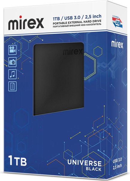 Изображение товара Внешний жесткий диск Mirex HDD Universe Black 1TB 2.5'' USB 3.0 / 13630-UHDUVB10 (черный корпус)