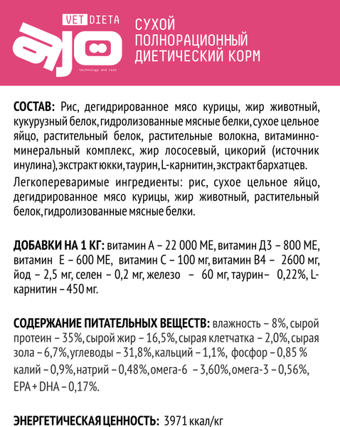 Изображение товара Сухой ветеринарный корм для кошек AJO Vet Dieta Gastro (1.5кг)