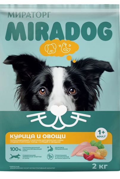 Изображение товара Сухой корм для собак Мираторг Для взрослых собак средних и крупных пород с курицей и овощами (2кг)