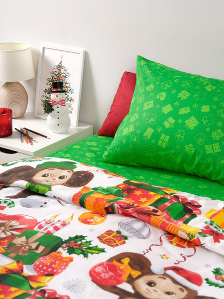 Изображение товара Комплект постельного белья Ночь нежна Чебурашка Новогодний подарок 1.5сп 50x70 / 500301-1+500302-1