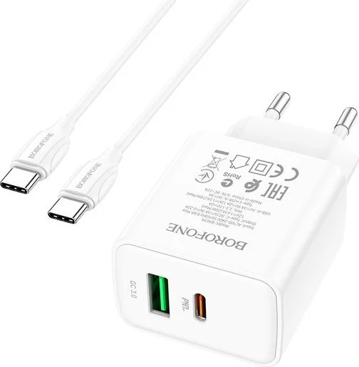 Изображение товара Зарядное устройство сетевое Borofone BA67A + кабель Type-C-Type-C (1м, белый)