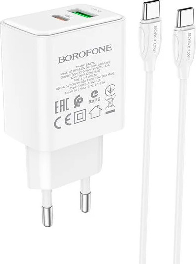 Изображение товара Зарядное устройство сетевое Borofone BA67A + кабель Type-C-Type-C (1м, белый)