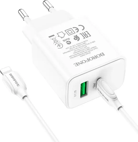 Изображение товара Зарядное устройство сетевое Borofone BA67A + кабель Type-C-8pin (1м, белый)