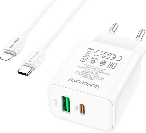 Изображение товара Зарядное устройство сетевое Borofone BA67A + кабель Type-C-8pin (1м, белый)