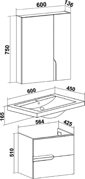 Изображение товара Тумба с умывальником Runo Стокгольм 60 + Como 60 (подвесная)