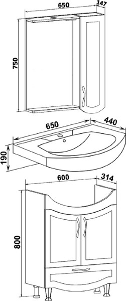 Изображение товара Тумба с умывальником Runo Неаполь 65 + Элеганс 65 (напольная, белый)