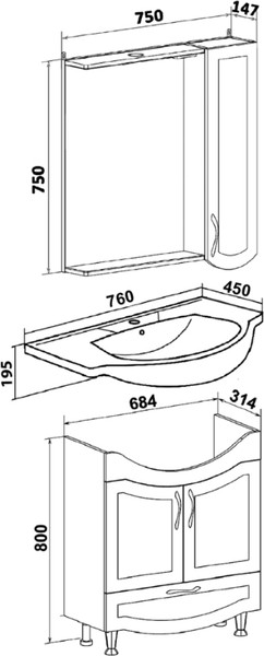 Изображение товара Тумба с умывальником Runo Неаполь 75 + Элеганс 75 (напольная, белый)