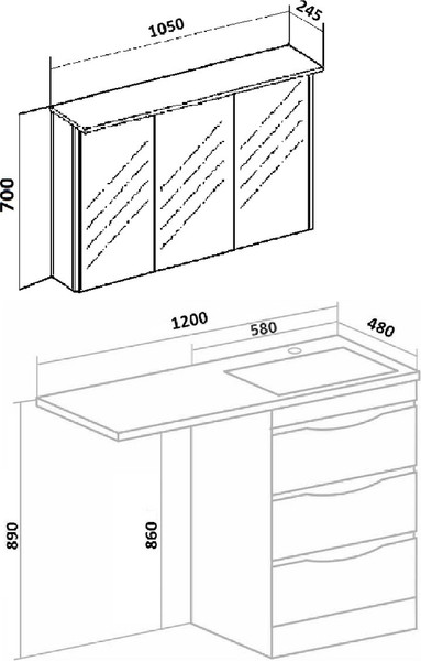 Изображение товара Тумба с умывальником Runo Орион 60 3 ящика + Гамма 120 лайт с левым крылом (напольная, белый)