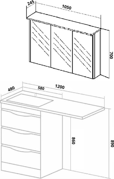 Изображение товара Тумба с умывальником Runo Орион 60 3 ящика + Гамма 120 лайт с правым крылом (напольная, белый)
