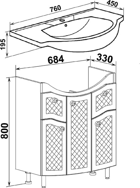 Изображение товара Тумба с умывальником Runo Милано 75 + Элеганс 75 (напольная, белый)