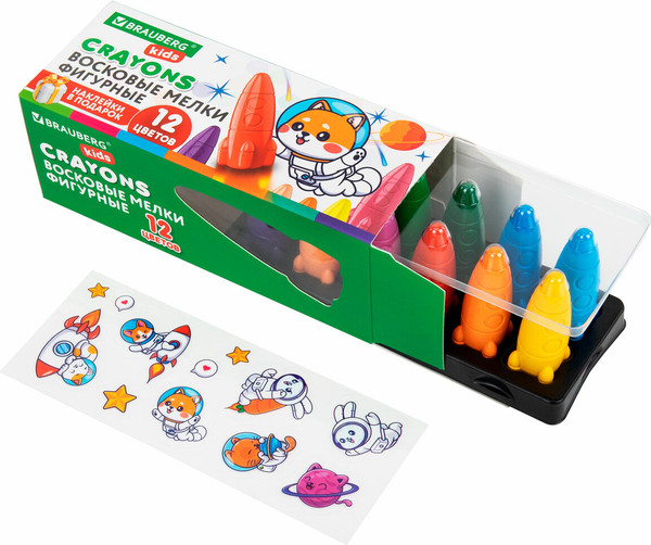 Изображение товара Восковые мелки Brauberg Kids. Ракета. С наклейками / 273082 (12цв)