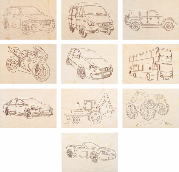 Изображение товара Набор заготовок для творчества Brauberg Hobby. Для выжигания. Транспорт / 665307 (5шт)