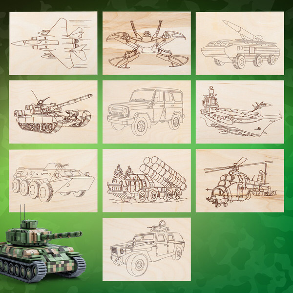 Изображение товара Набор заготовок для творчества Brauberg Hobby. Для выжигания. Военная техника / 665308 (5шт)