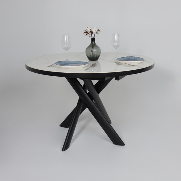 Изображение товара Обеденный стол Мамадома Ronaldo-120 круглый раздвижной 120-160 (Patagonoa Bianco Gloss Premium Cer/черный)