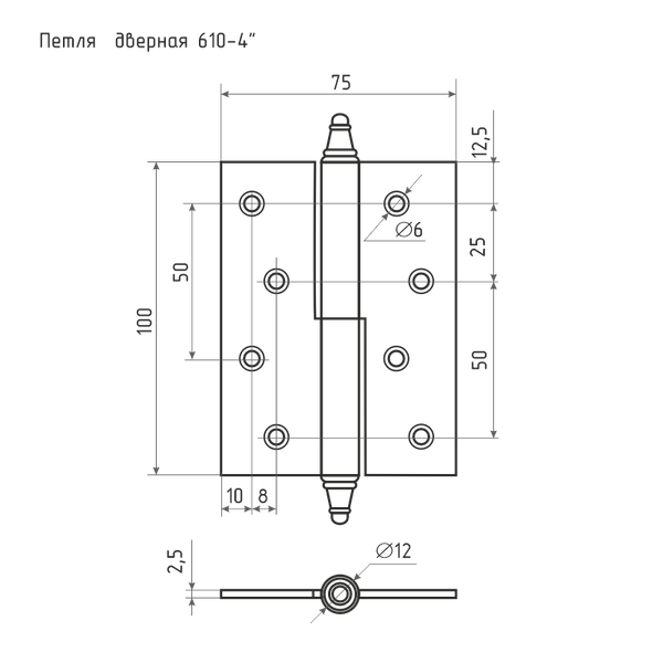 Изображение товара Петля дверная Нора-М 610-4 100x75x2.5 (левая, застаренная бронза)