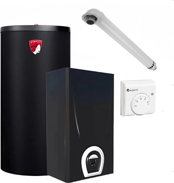 Изображение товара Комплект газового котла с бойлером Federica Bugatti 24В Varme Wi-Fi (черный, с бойлером косвенного нагрева Inox Coil Tube 150i)