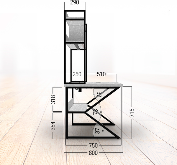 Изображение товара Письменный стол Millwood Кембридж 1600х800 / 51664_bet_ch_2 (бетон/металл черный)