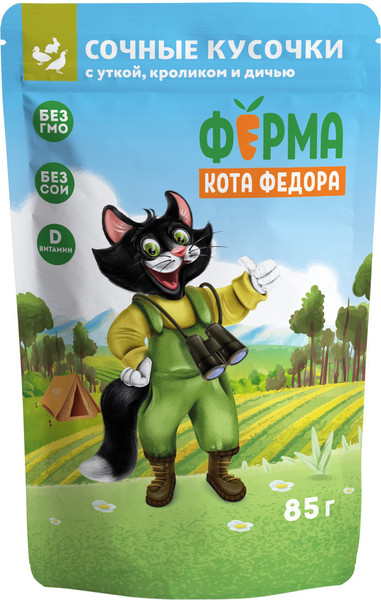 Изображение товара Влажный корм для кошек Ферма кота Федора Мясные кусочки с уткой, кроликом и дичью (85г)