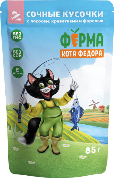 Изображение товара Влажный корм для кошек Ферма кота Федора Рыбные кусочки с лососем, креветками и форелью (85г)